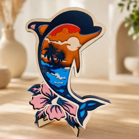 Layered Plywood Dolphin Mandala, Tropical Beach Sunset Decor, Easel Stand Included