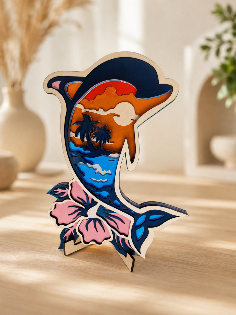 Layered Plywood Dolphin Mandala, Tropical Beach Sunset Decor, Easel Stand Included