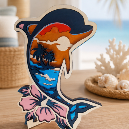 Layered Plywood Dolphin Mandala, Tropical Beach Sunset Decor, Easel Stand Included