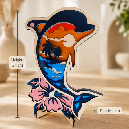 Layered Plywood Dolphin Mandala, Tropical Beach Sunset Decor, Easel Stand Included