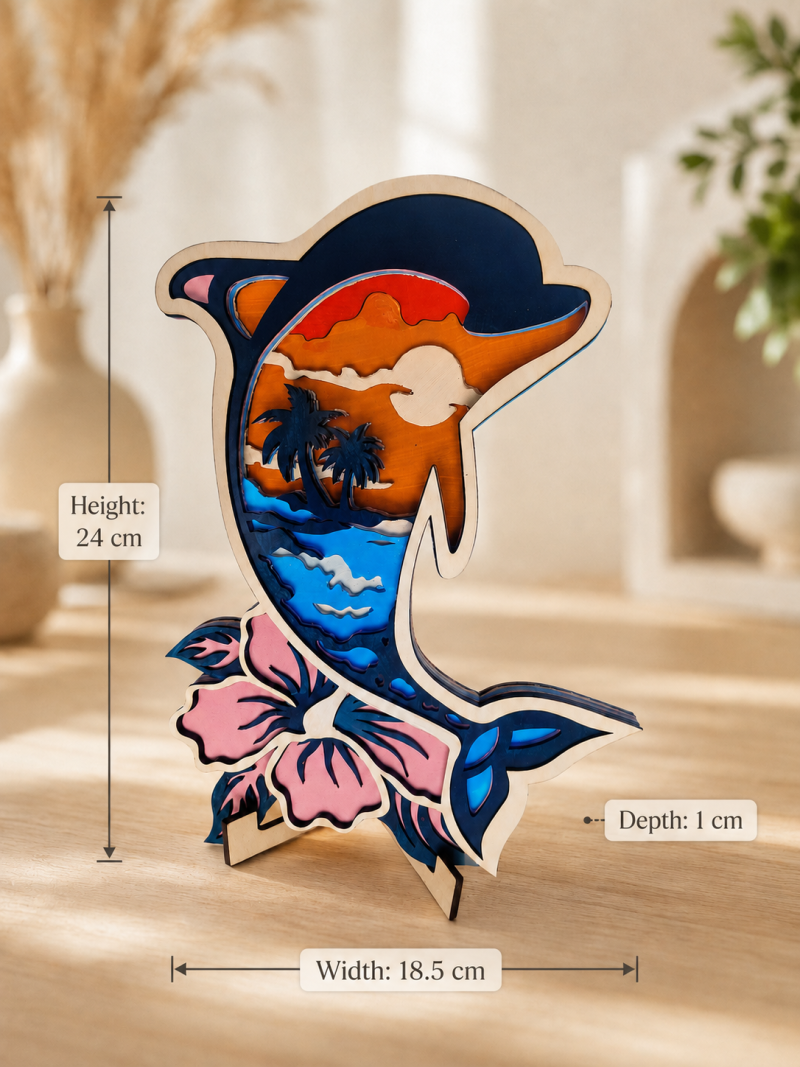 Layered Plywood Dolphin Mandala, Tropical Beach Sunset Decor, Easel Stand Included