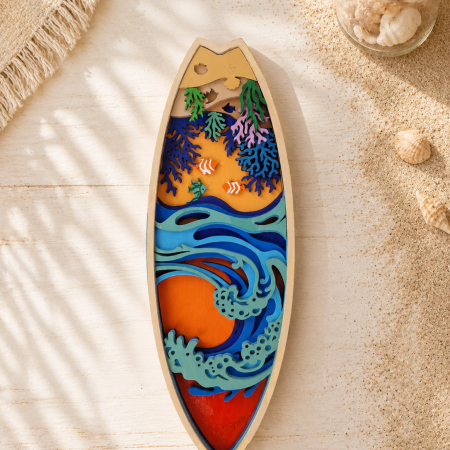 Layered Plywood Surfboard Wall Art Decortion Mandala, Tropical Ocean Reefs Decor