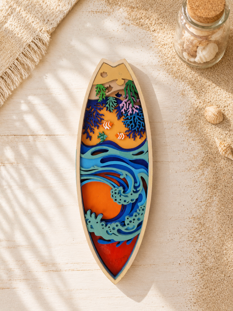 Layered Plywood Surfboard Wall Art Decortion Mandala, Tropical Ocean Reefs Decor