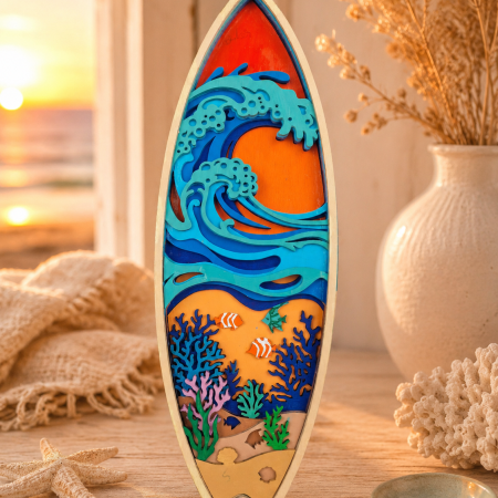Layered Plywood Surfboard Wall Art Decortion Mandala, Tropical Ocean Reefs Decor
