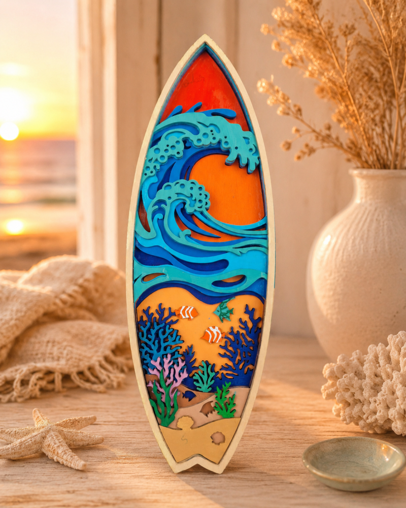 Layered Plywood Surfboard Wall Art Decortion Mandala, Tropical Ocean Reefs Decor