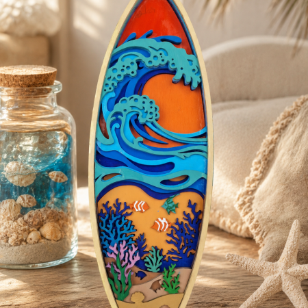 Layered Plywood Surfboard Wall Art Decortion Mandala, Tropical Ocean Reefs Decor