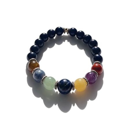 Starry Blue Goldstone 7-Chakra Bracelet 8mm Beads + 10mm Lapis Center