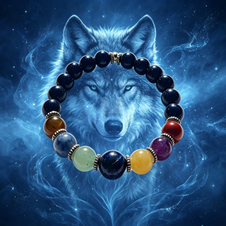 Starry Blue Goldstone 7-Chakra Bracelet 8mm Beads + 10mm Lapis Center