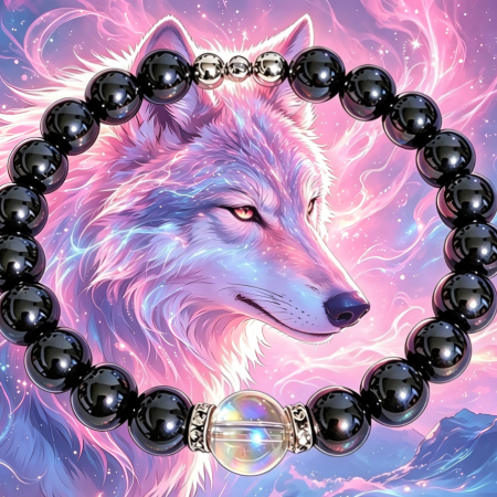 8mm Hematite Bracelet with 10mm Rainbow Aura Quartz Centerpiece