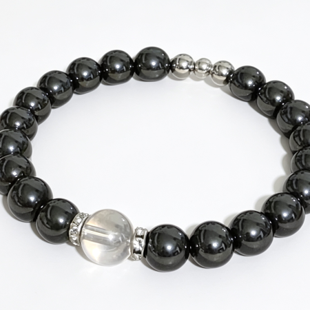 8mm Hematite Bracelet with 10mm Rainbow Aura Quartz Centerpiece