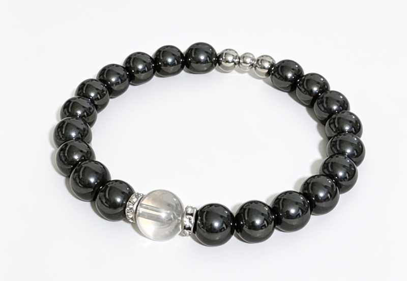 8mm Hematite Bracelet with 10mm Rainbow Aura Quartz Centerpiece