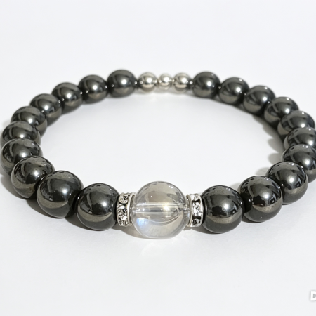 8mm Hematite Bracelet with 10mm Rainbow Aura Quartz Centerpiece