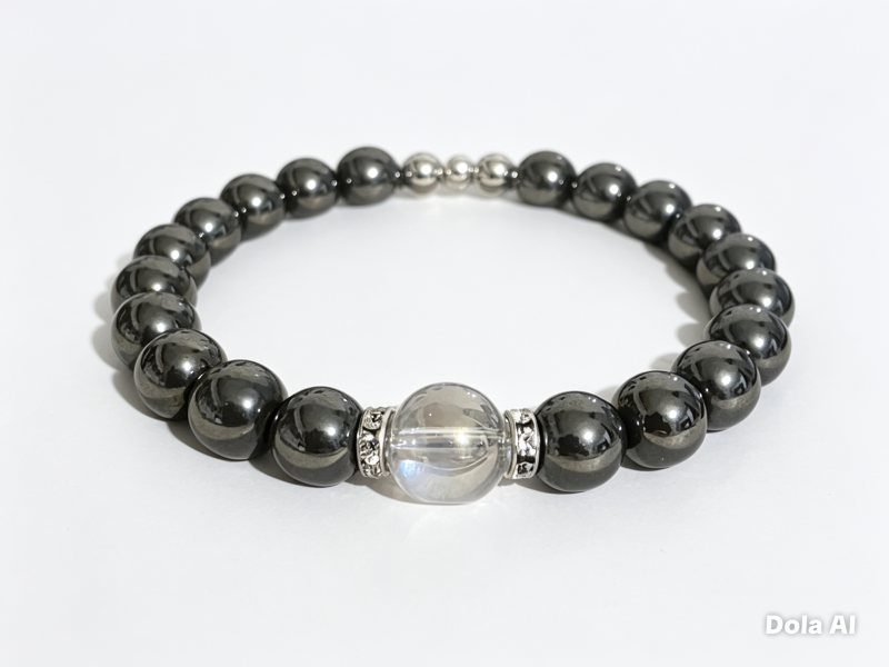 8mm Hematite Bracelet with 10mm Rainbow Aura Quartz Centerpiece