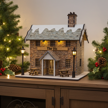 Light-up Village Pub - Handcrafted Wooden Christmas Miniature