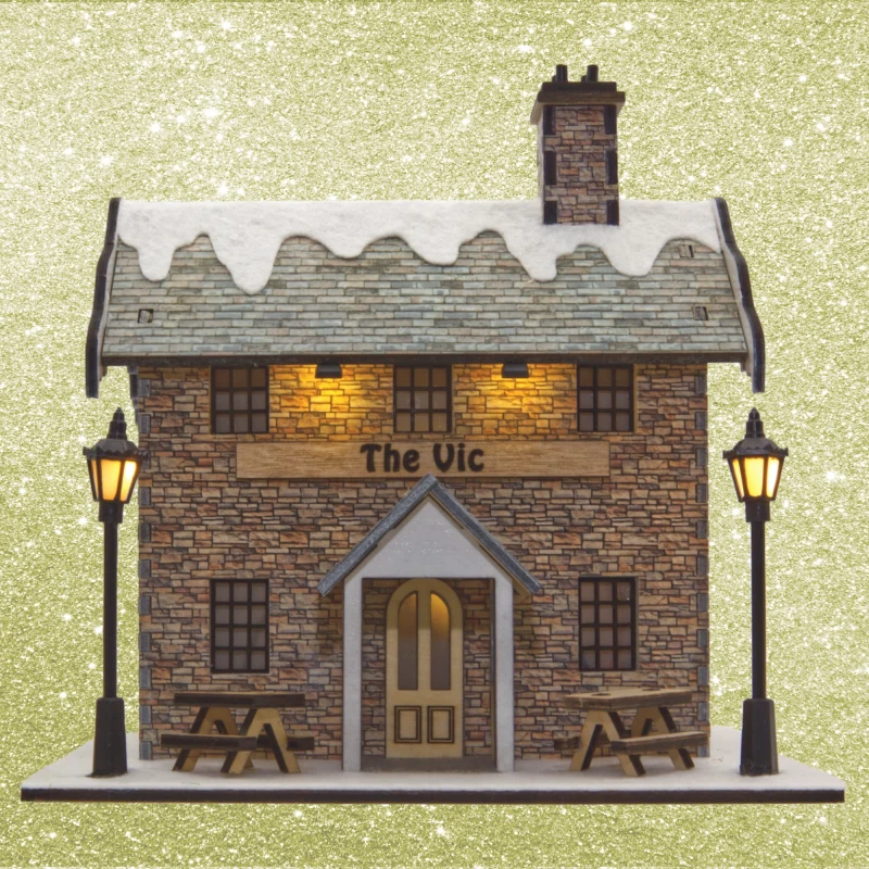 Light-up Village Pub - Handcrafted Wooden Christmas Miniature