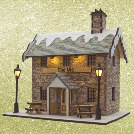 Light-up Village Pub - Handcrafted Wooden Christmas Miniature