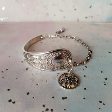 Handmade Silver Plated Spoon Bracelet, Tree of Life Charm, Upcycled Vintage Cutlery Gift