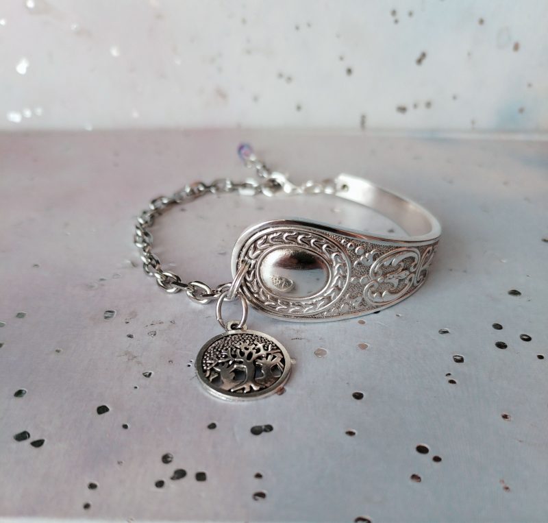 Handmade Silver Plated Spoon Bracelet, Tree of Life Charm, Upcycled Vintage Cutlery Gift
