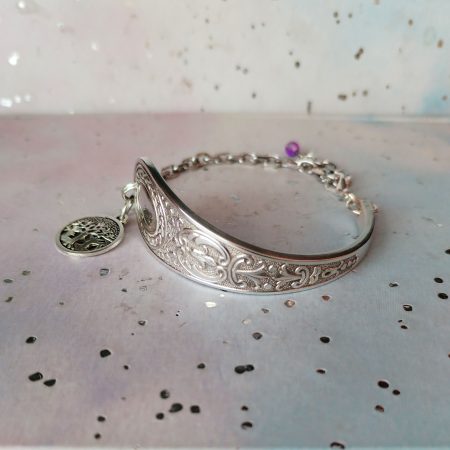 Handmade Silver Plated Spoon Bracelet, Tree of Life Charm, Upcycled Vintage Cutlery Gift