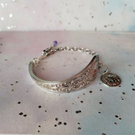 Handmade Silver Plated Spoon Bracelet, Tree of Life Charm, Upcycled Vintage Cutlery Gift
