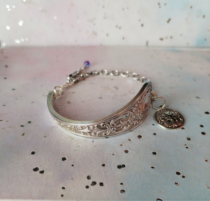 Handmade Silver Plated Spoon Bracelet, Tree of Life Charm, Upcycled Vintage Cutlery Gift