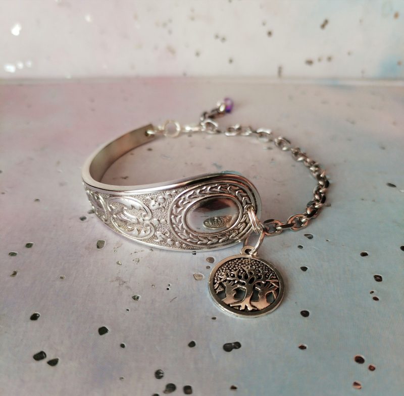 Handmade Silver Plated Spoon Bracelet, Tree of Life Charm, Upcycled Vintage Cutlery Gift