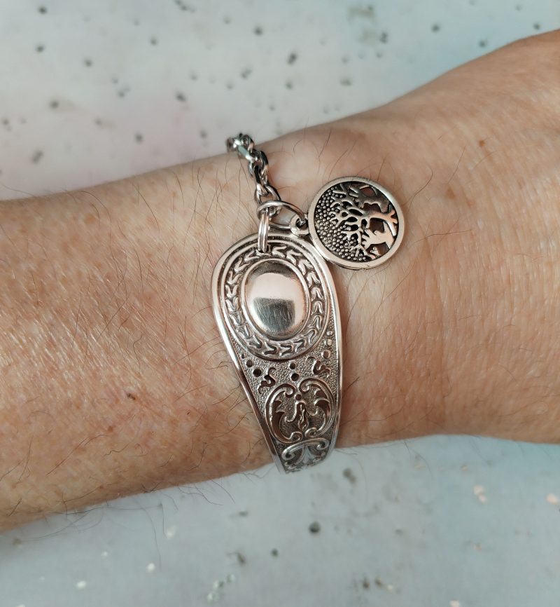 Handmade Silver Plated Spoon Bracelet, Tree of Life Charm, Upcycled Vintage Cutlery Gift