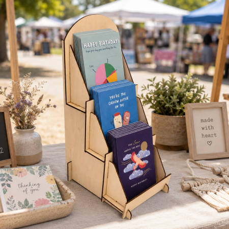 Wooden Greeting Card Display Stand, 3 Tier Basswood Rack, Flat Pack Craft Fair Counter Organizer With Custom Logo Option For Market Stalls