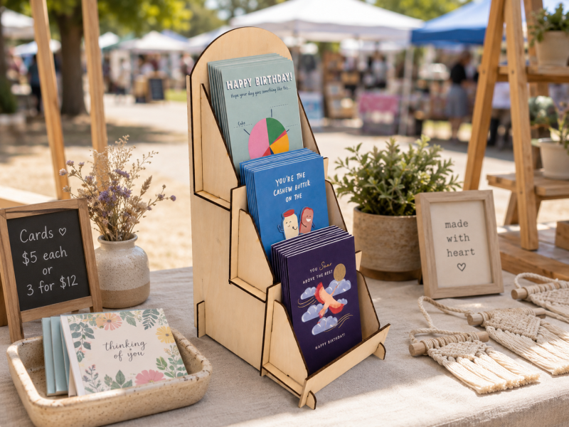 Wooden Greeting Card Display Stand, 3 Tier Basswood Rack, Flat Pack Craft Fair Counter Organizer With Custom Logo Option For Market Stalls