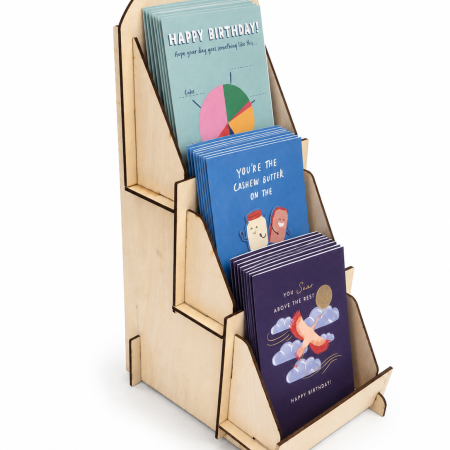Wooden Greeting Card Display Stand, 3 Tier Basswood Rack, Flat Pack Craft Fair Counter Organizer With Custom Logo Option For Market Stalls