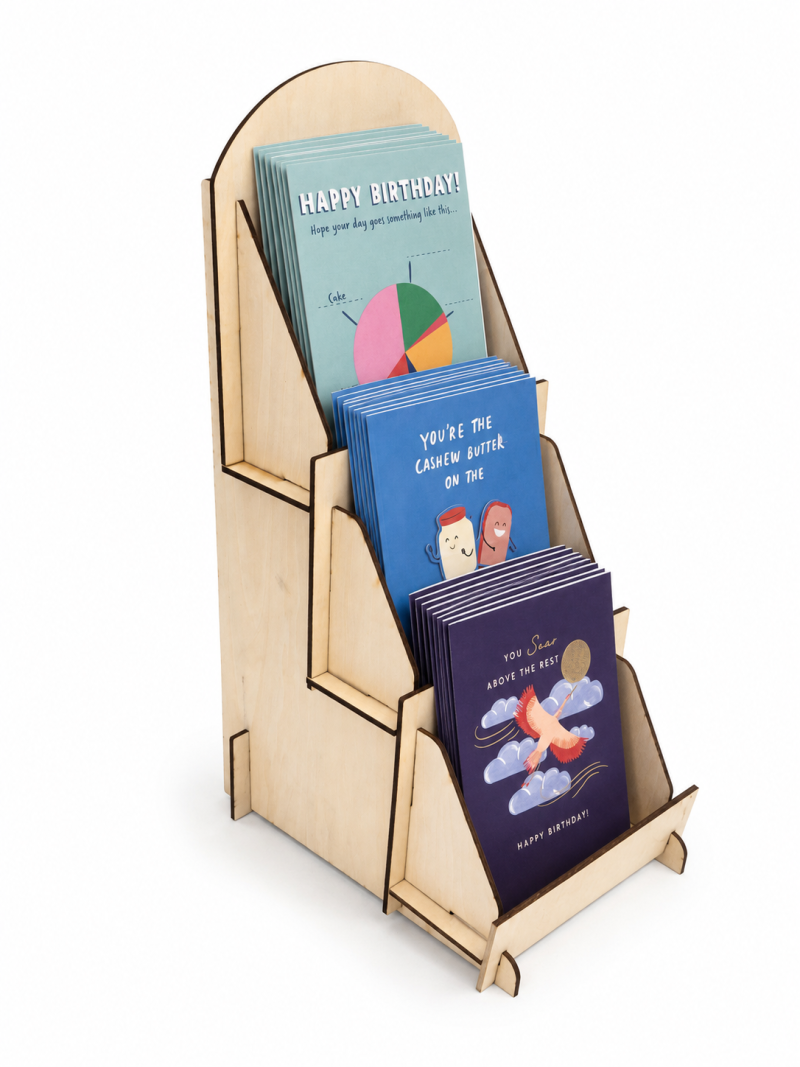 Wooden Greeting Card Display Stand, 3 Tier Basswood Rack, Flat Pack Craft Fair Counter Organizer With Custom Logo Option For Market Stalls