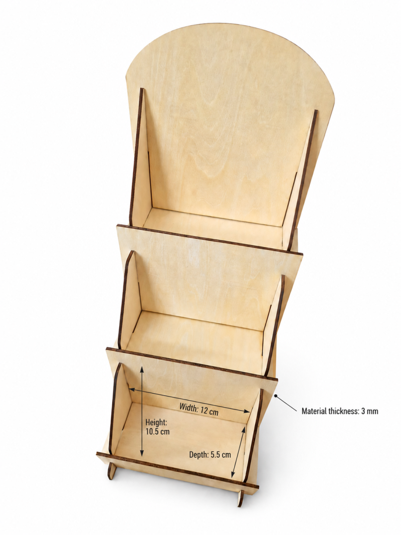Wooden Greeting Card Display Stand, 3 Tier Basswood Rack, Flat Pack Craft Fair Counter Organizer With Custom Logo Option For Market Stalls