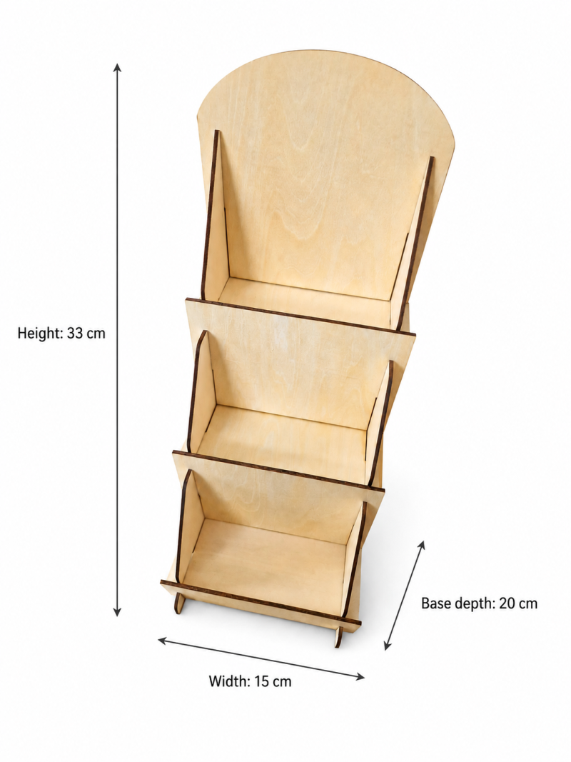 Wooden Greeting Card Display Stand, 3 Tier Basswood Rack, Flat Pack Craft Fair Counter Organizer With Custom Logo Option For Market Stalls