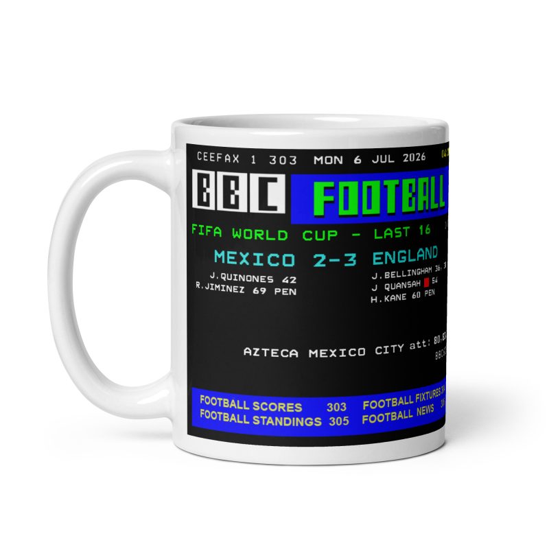 England 3-2 Mexico Football Mug – White 11oz Ceramic Retro Score Design