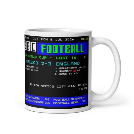 England 3-2 Mexico Football Mug – White 11oz Ceramic Retro Score Design