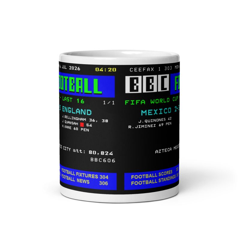 England 3-2 Mexico Football Mug – White 11oz Ceramic Retro Score Design