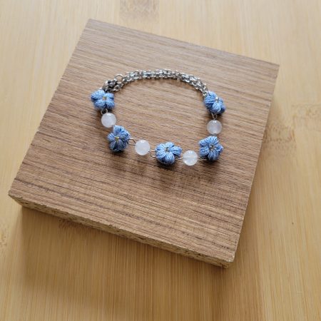Handmade Blue Blossom Bracelet — Crochet Flowers, Milky Quartz