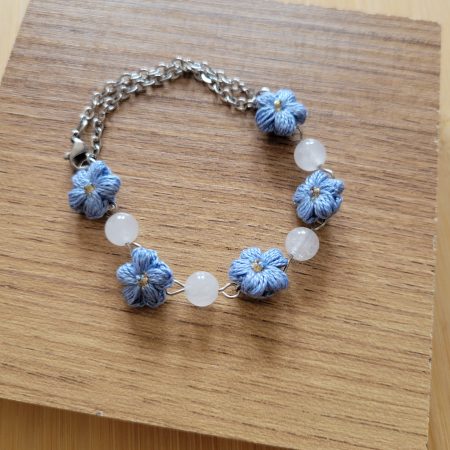 Handmade Blue Blossom Bracelet — Crochet Flowers, Milky Quartz