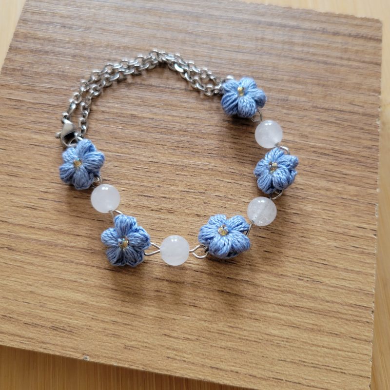 Handmade Blue Blossom Bracelet — Crochet Flowers, Milky Quartz