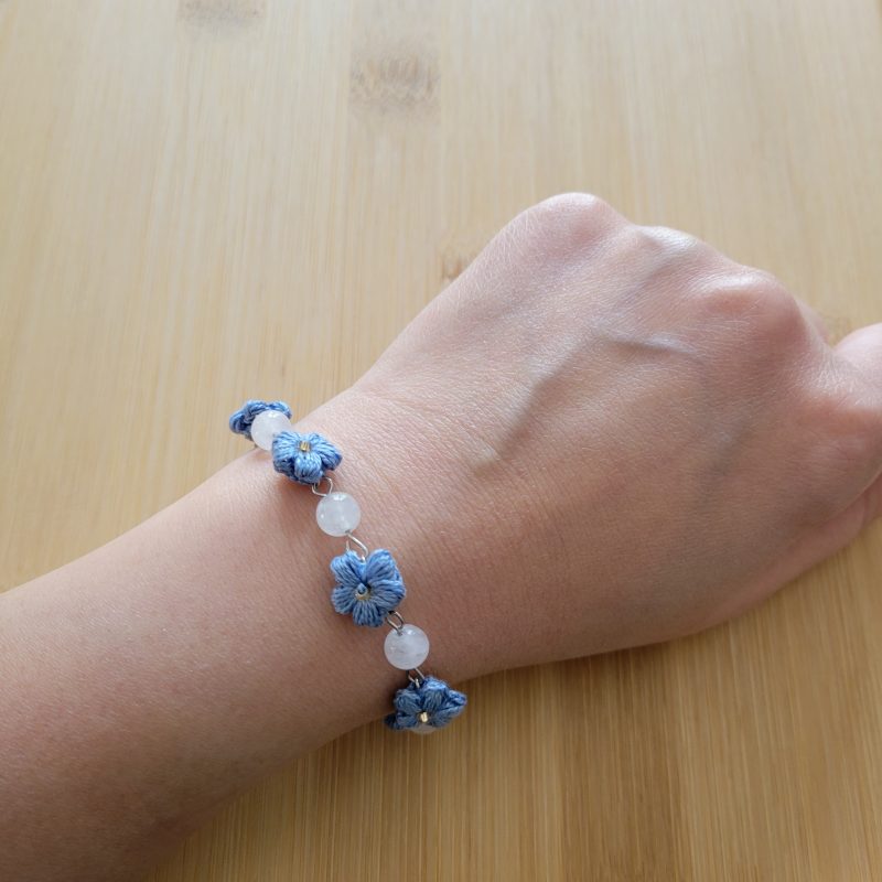 Handmade Blue Blossom Bracelet — Crochet Flowers, Milky Quartz