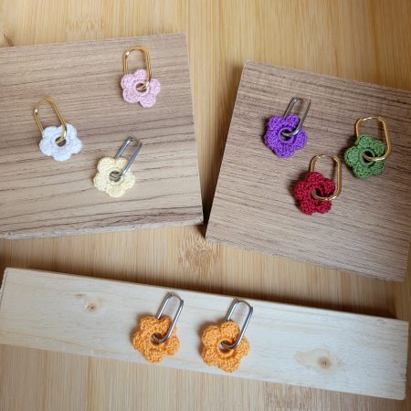 Crochet Flower Huggie Earrings — 2cm Blossoms | Gold & Silvery Hooks