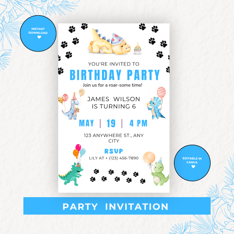 Dinosaur Birthday Party Kit Editable Canva Bundle Instant Download