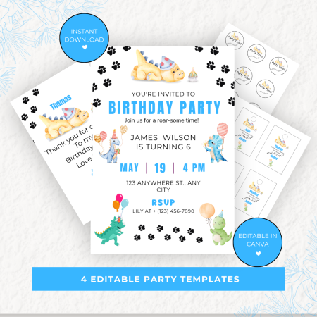 Dinosaur Birthday Party Kit Editable Canva Bundle Instant Download