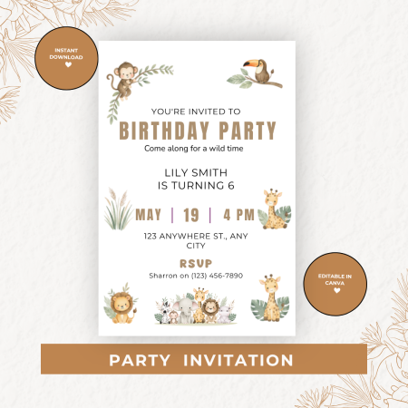 Jungle Theme Birthday Party Pack – Editable Canva Digital Download