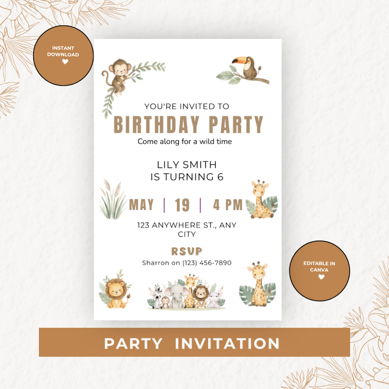 Jungle Theme Birthday Party Pack – Editable Canva Digital Download