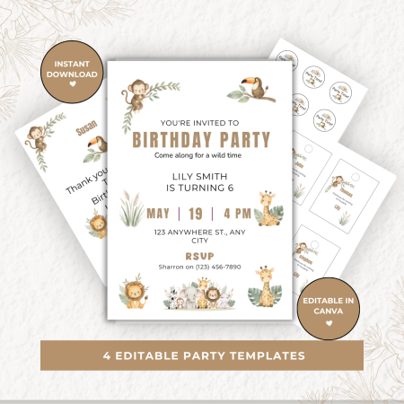 Jungle Theme Birthday Party Pack – Editable Canva Digital Download