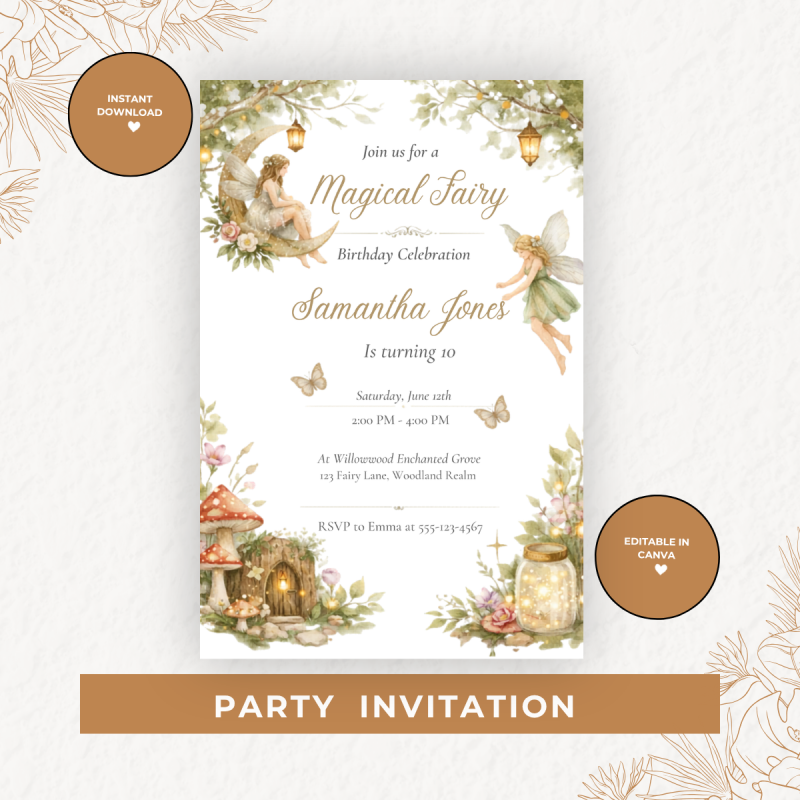 Magical Fairy Birthday Party Kit -Editable Canva Bundle Instant Download