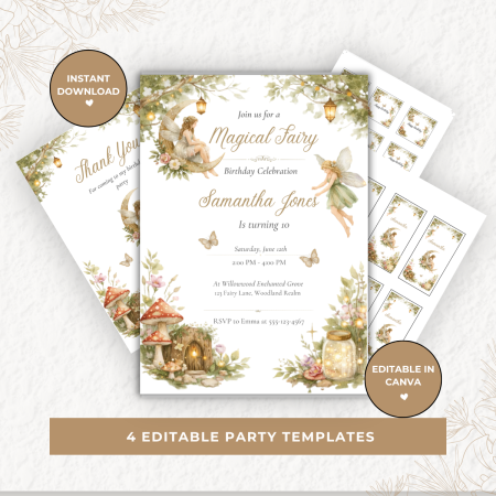Magical Fairy Birthday Party Kit -Editable Canva Bundle Instant Download