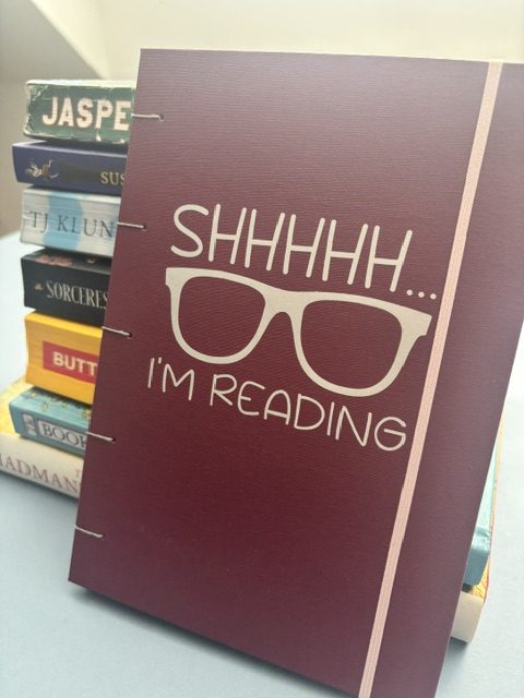 A5 Coptic stitch burgundy notebook | 48 pages | Shhh I’m Reading Design| Elastic closure