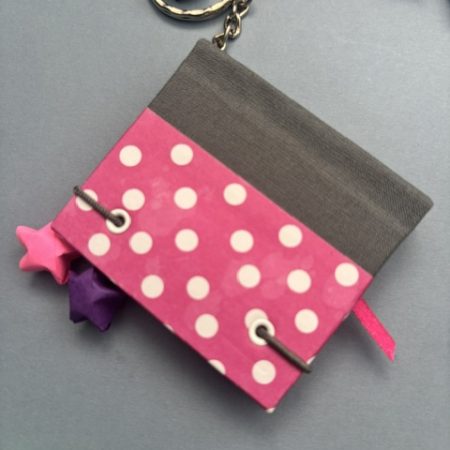 Handmade Notebook Keyring | 48 pages | Grey spine with pink cover and white polka dots | Ribbon page marker